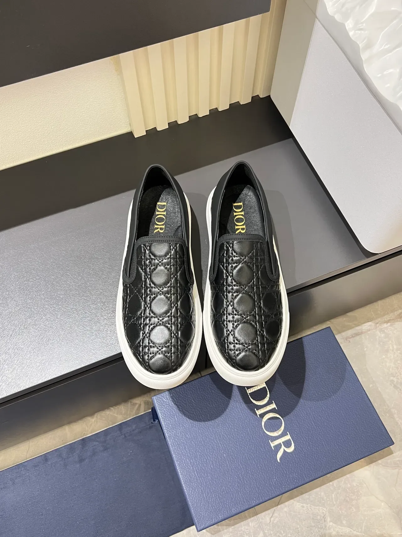 Dior Black White Quilted Cannage Leather Slip-On Lifestyle Sneakers 5