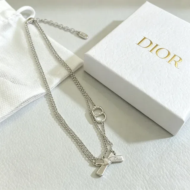 Dior Double-Chain CD Logo and Bow Pendant Necklace 7