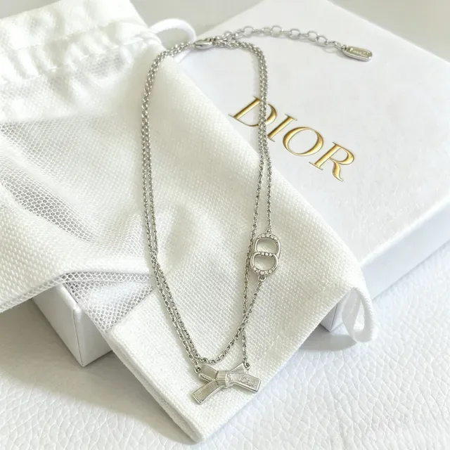 Dior Double-Chain CD Logo and Bow Pendant Necklace 9