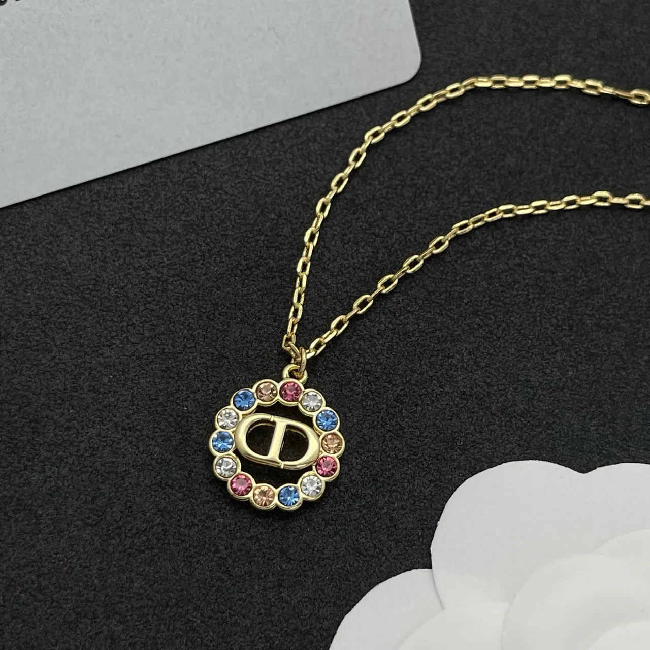 Dior Gold Multicolor Chain Circular Crystal-Encrusted Pendant Necklace 6