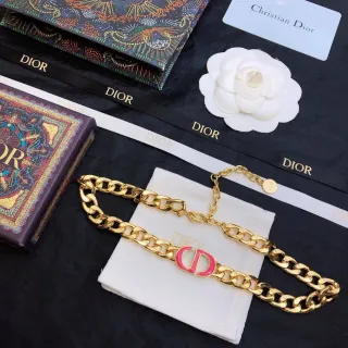 Dior Gold Pink Curb-Link Chain Enamel CD Logo Necklace