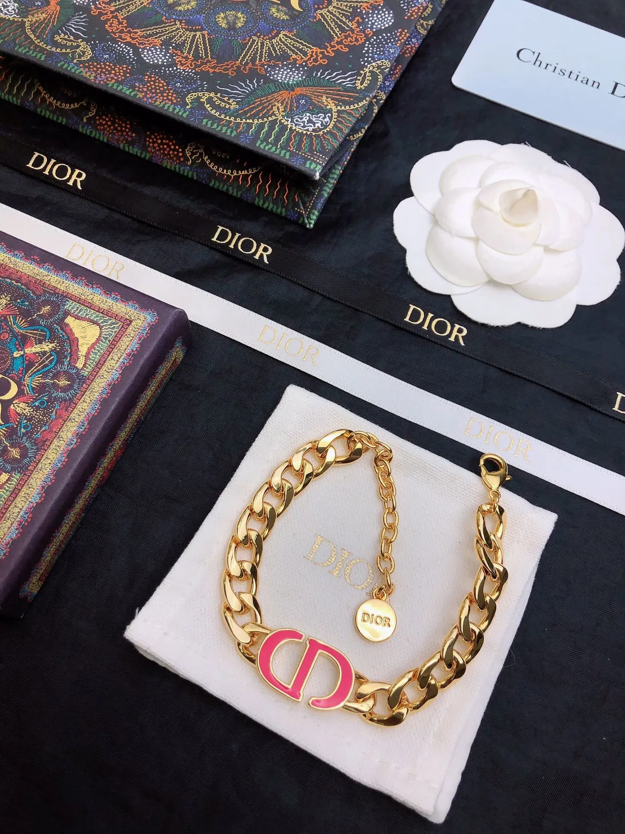 Dior Gold Pink Curb-Link Chain Enamel CD Logo Necklace 2