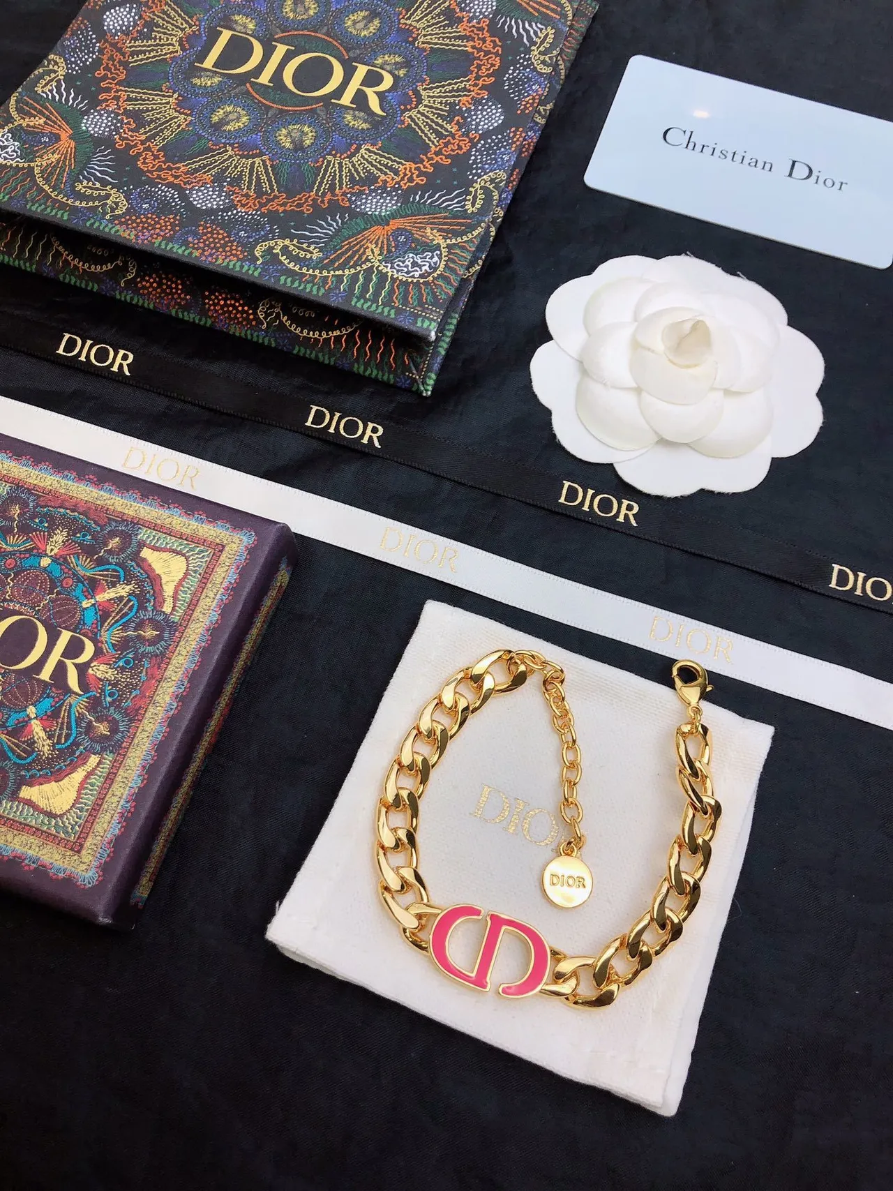 Dior Gold Pink Curb-Link Chain Enamel CD Logo Necklace 3