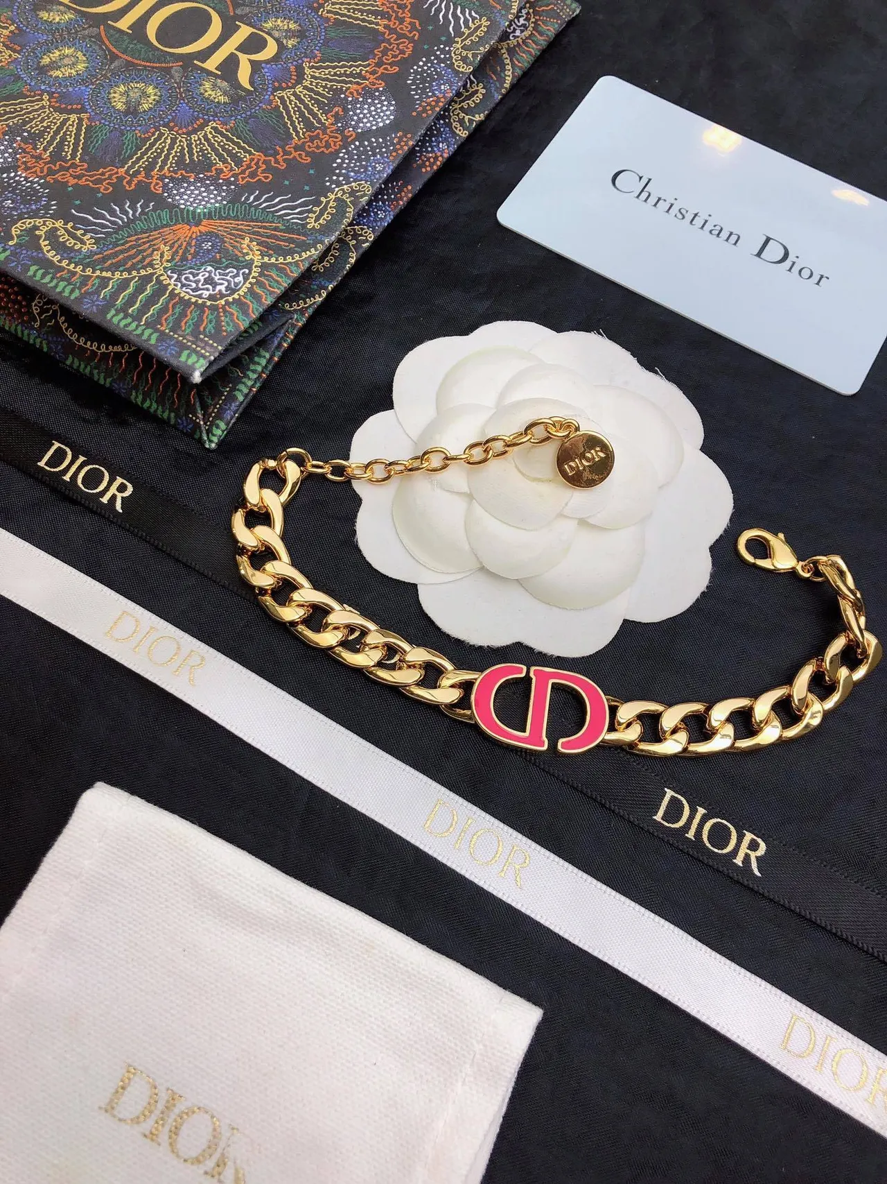 Dior Gold Pink Curb-Link Chain Enamel CD Logo Necklace 4