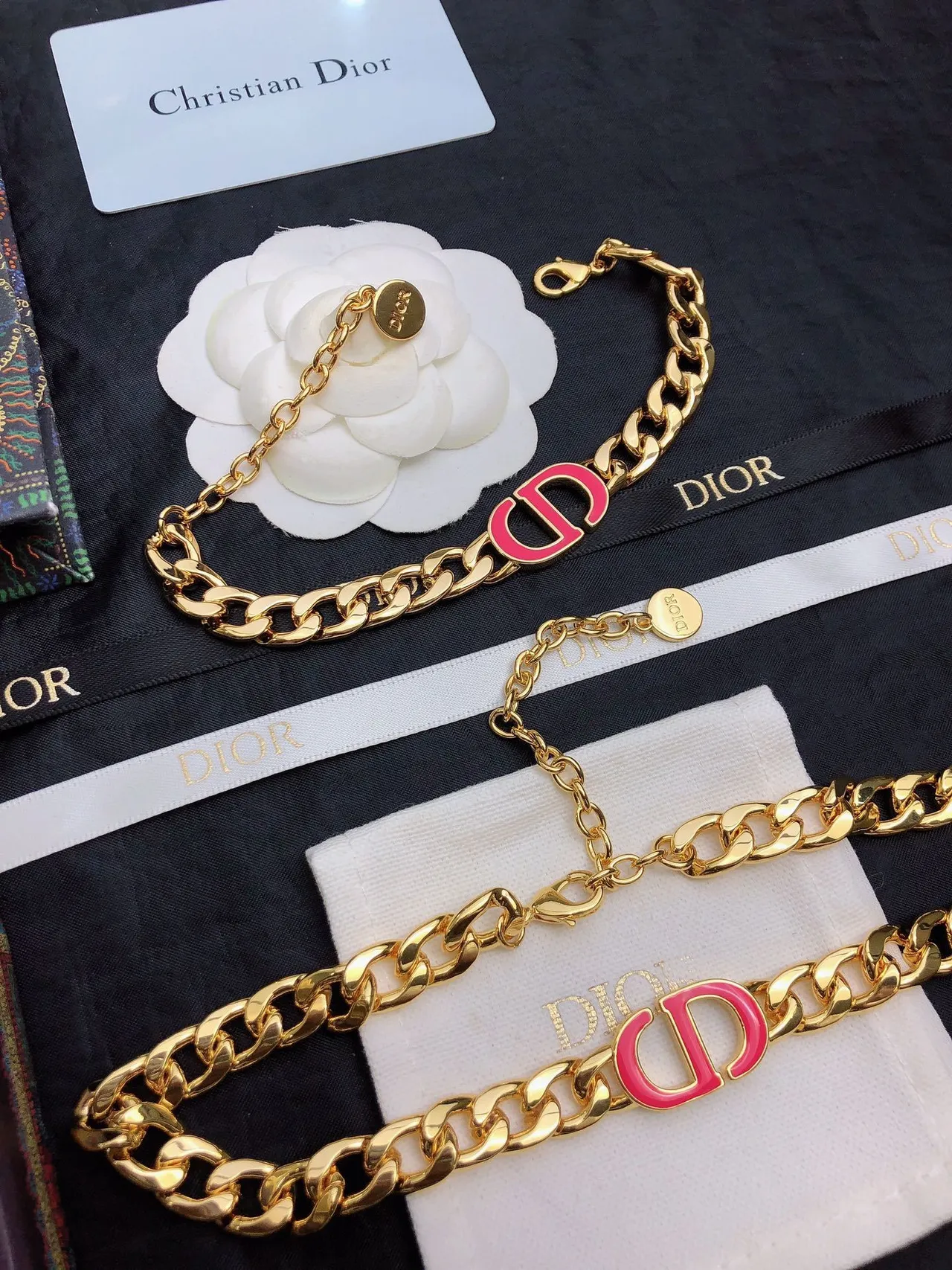 Dior Gold Pink Curb-Link Chain Enamel CD Logo Necklace 5
