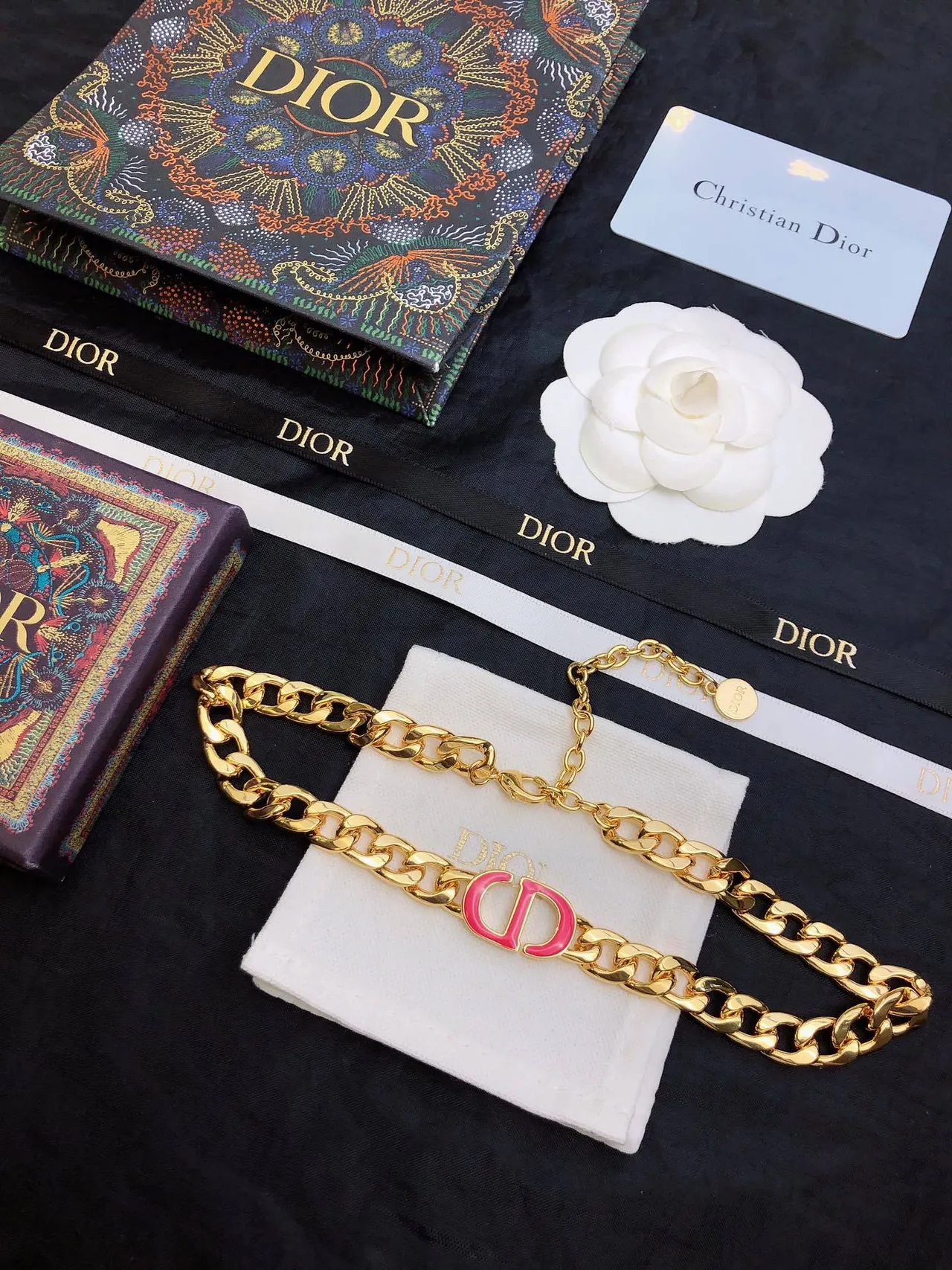 Dior Gold Pink Curb-Link Chain Enamel CD Logo Necklace 7