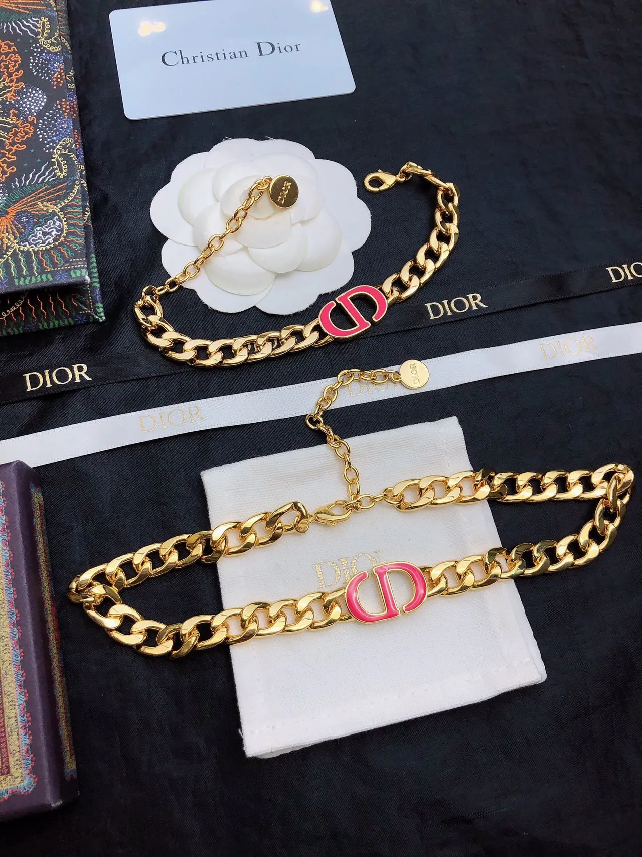 Dior Gold Pink Curb-Link Chain Enamel CD Logo Necklace 8
