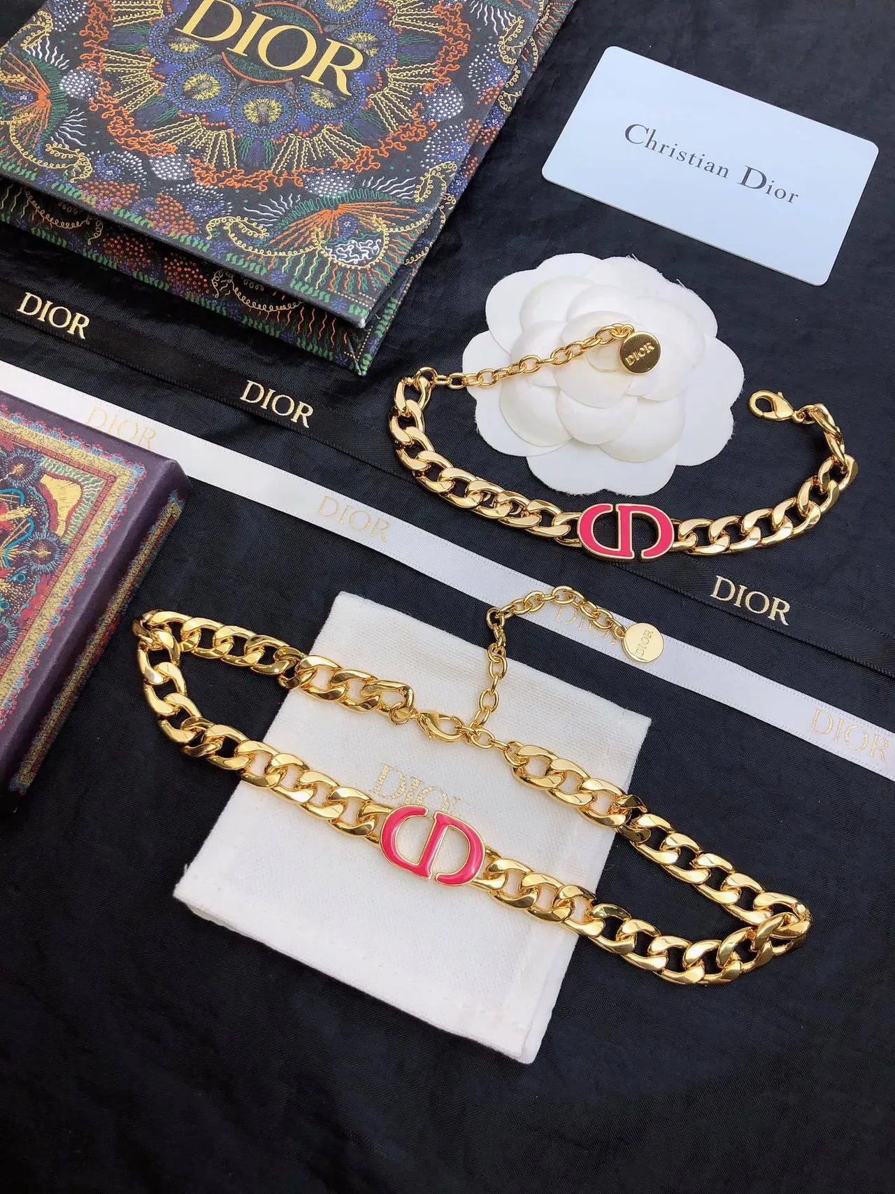 Dior Gold Pink Curb-Link Chain Enamel CD Logo Necklace 9
