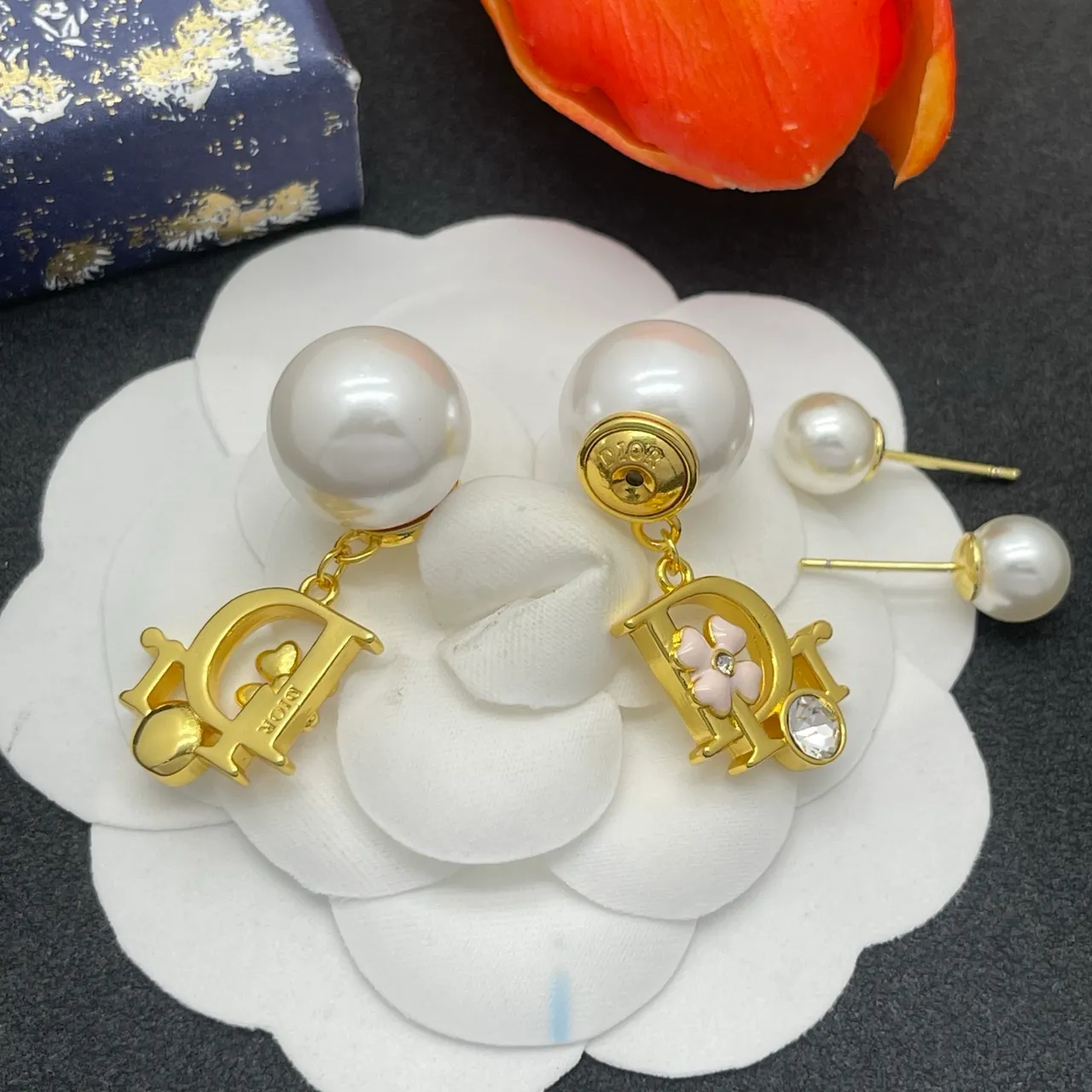 Dior Gold Pink Metal Pearl Stud Earrings 4