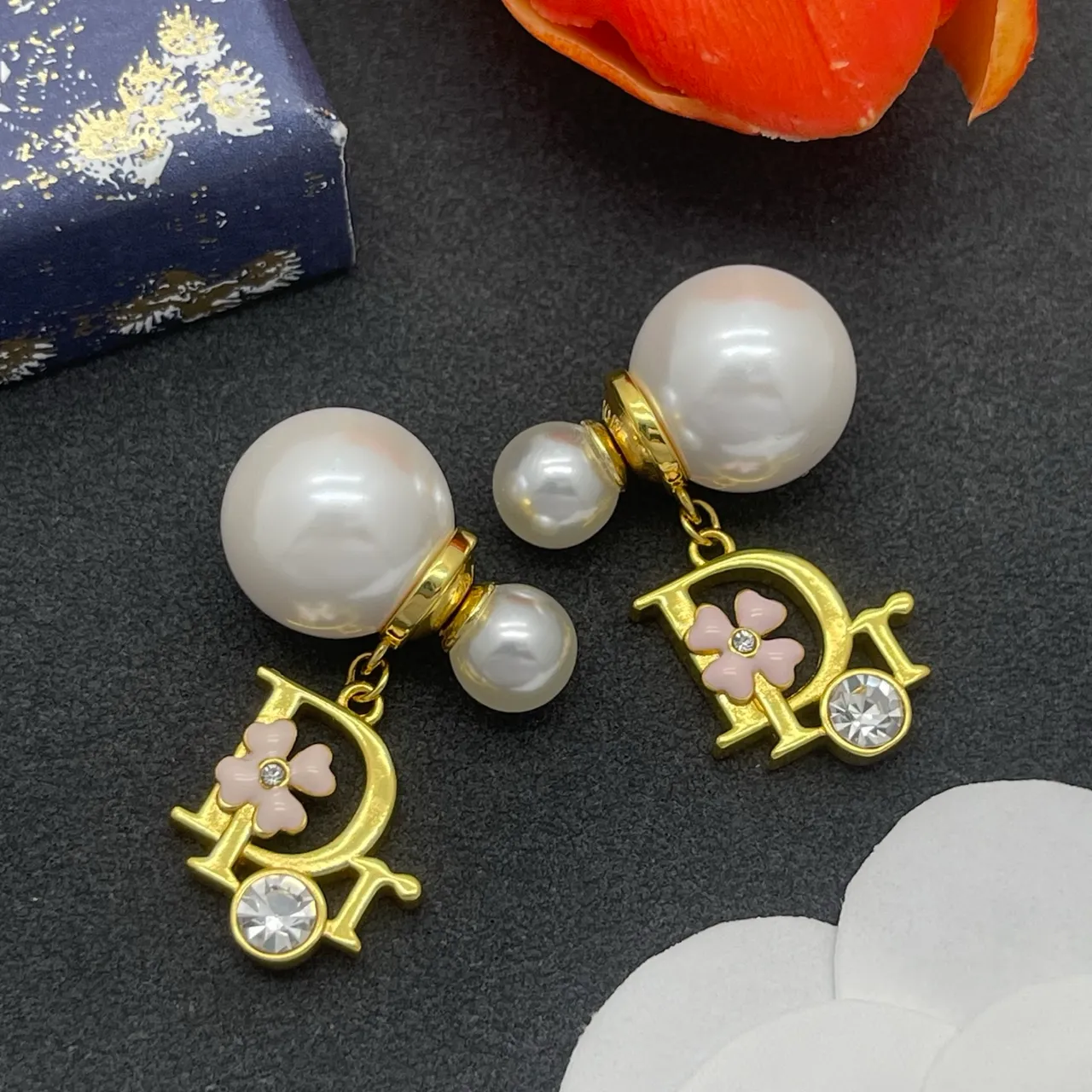 Dior Gold Pink Metal Pearl Stud Earrings 6