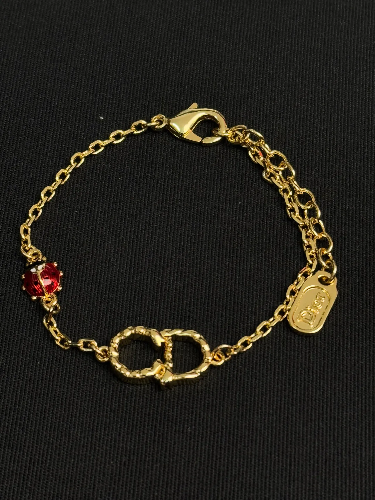 Dior Gold Red Chain Enamel Ladybug Charm Bracelet 3