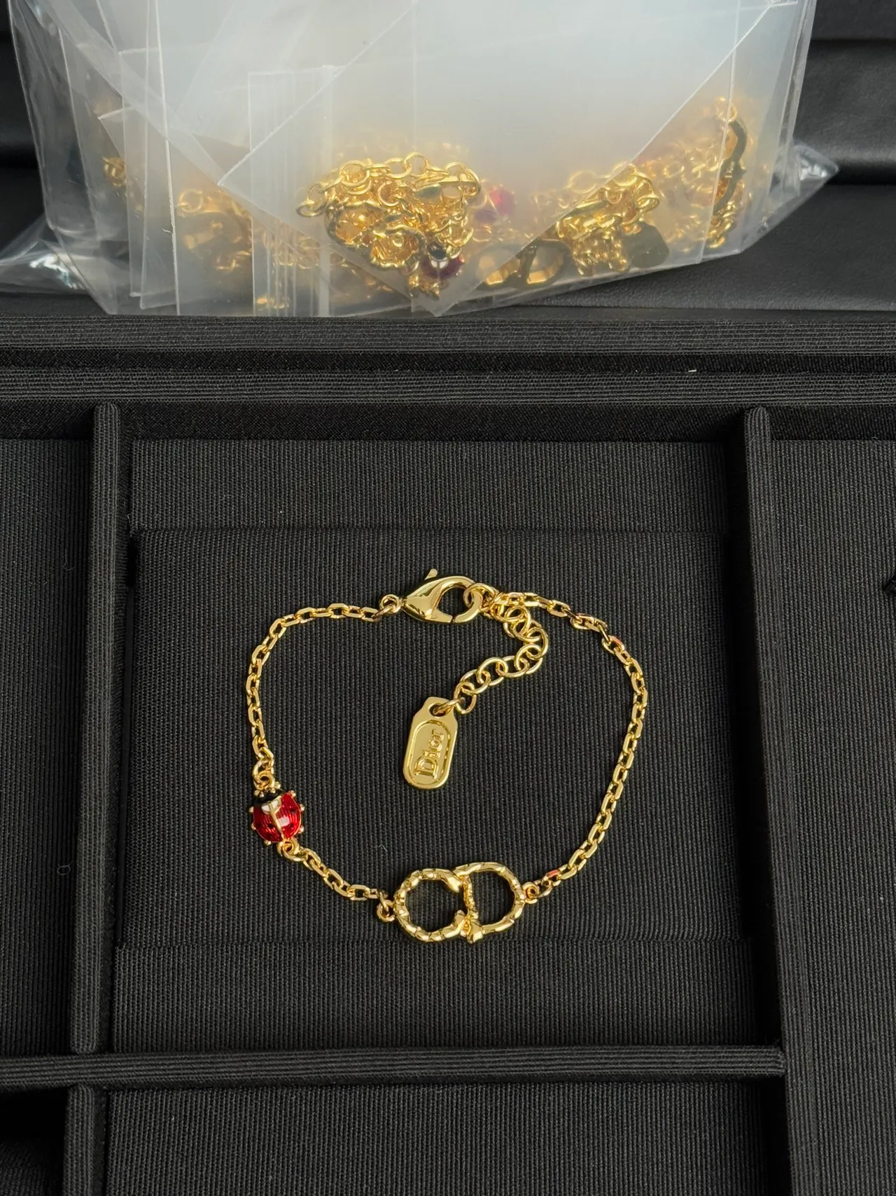 Dior Gold Red Chain Enamel Ladybug Charm Bracelet 6