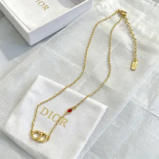 Dior Gold Red Chain Interlocking CD Motif Pendant Necklace
