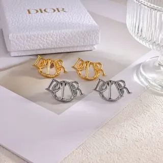Dior Gold Silver Monogram Logo Openwork Metal Earrings