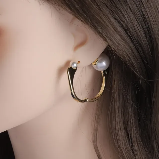 Dior Gold-Tone Double Pearl Asymmetrical C-Hoop Earrings 2