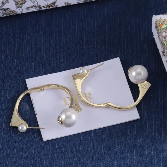 Dior Gold-Tone Double Pearl Asymmetrical C-Hoop Earrings 4