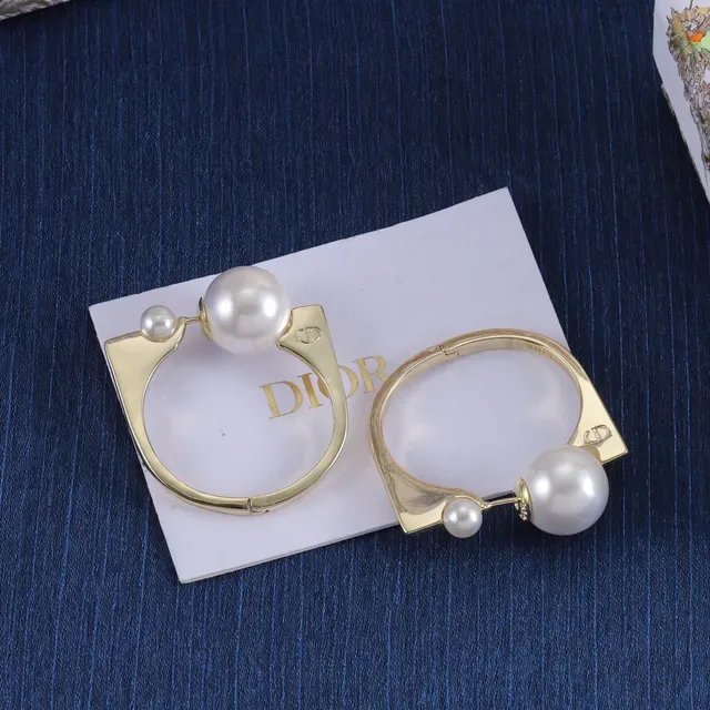 Dior Gold-Tone Double Pearl Asymmetrical C-Hoop Earrings 5