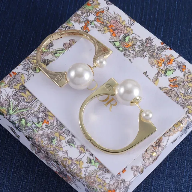 Dior Gold-Tone Double Pearl Asymmetrical C-Hoop Earrings 6