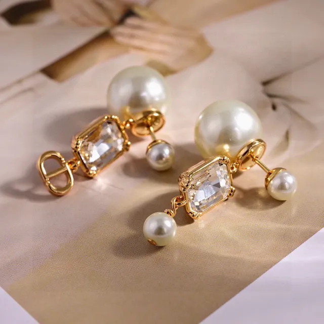 Dior Gold-Tone Pearl and Crystal Drop Earrings 4
