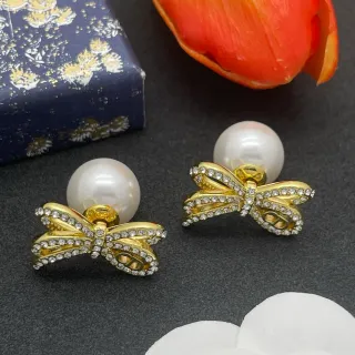 Dior Gold White Bow Pave Crystal Earrings