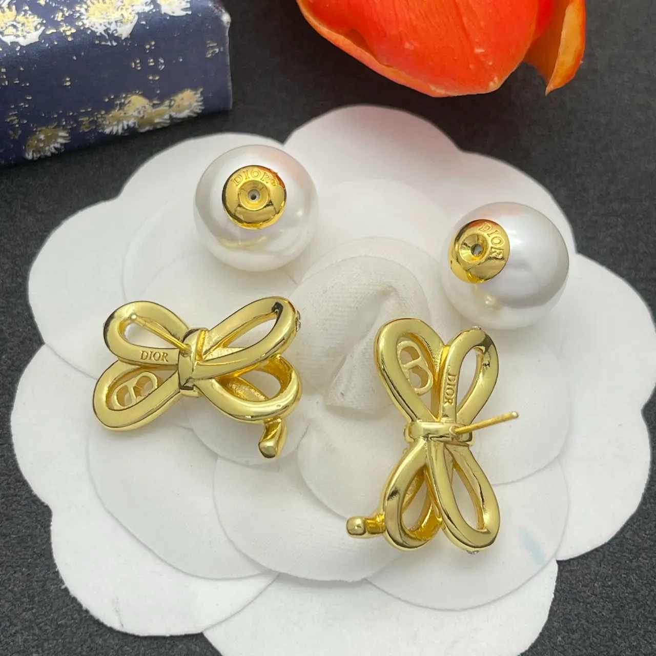 Dior Gold White Bow Pave Crystal Earrings 3