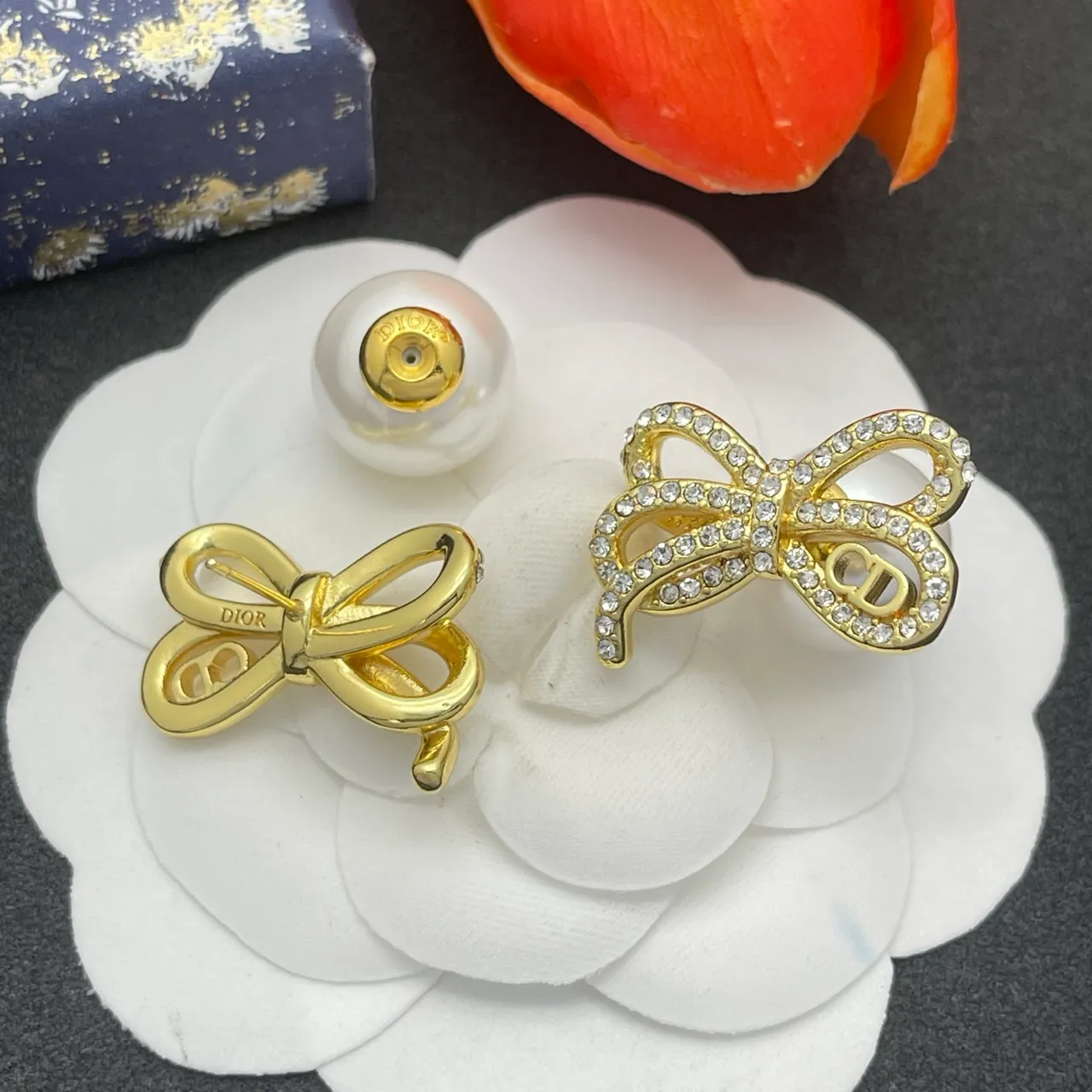Dior Gold White Bow Pave Crystal Earrings 4