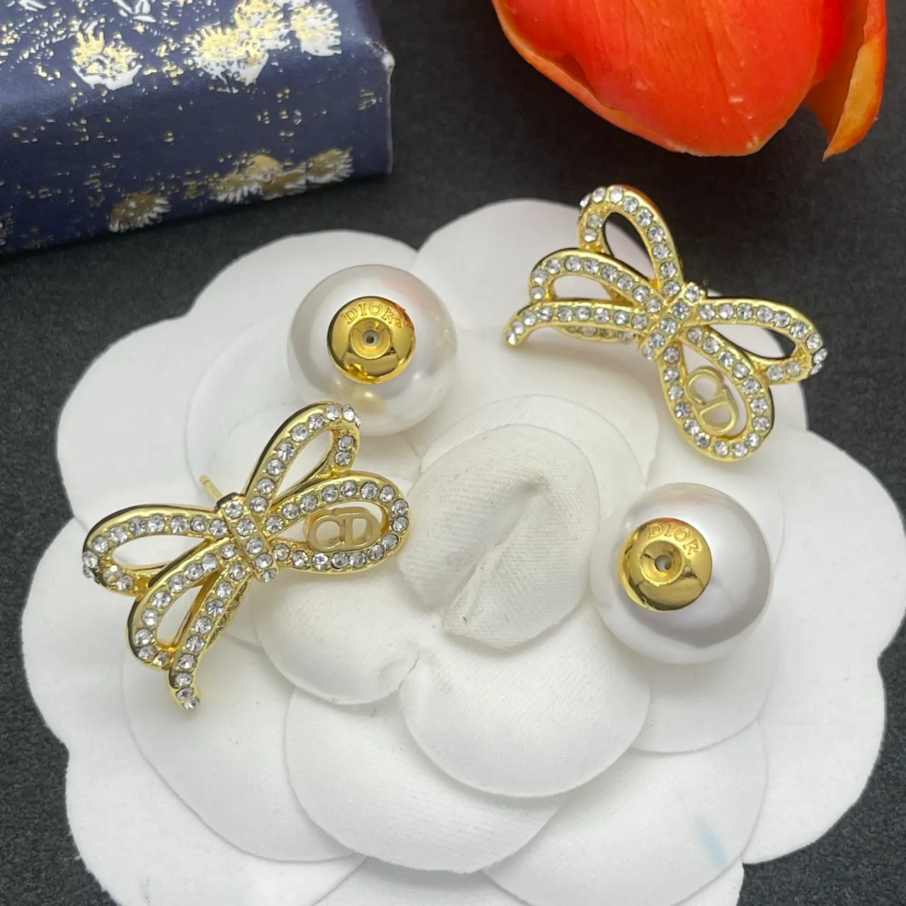 Dior Gold White Bow Pave Crystal Earrings 5