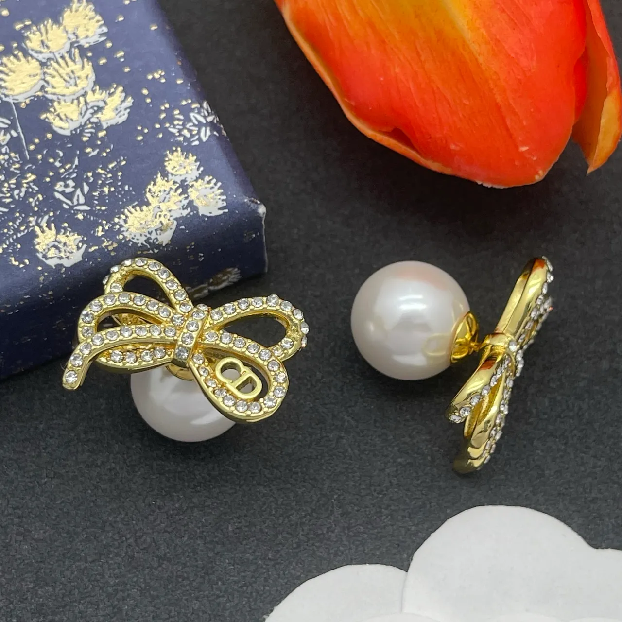 Dior Gold White Bow Pave Crystal Earrings 6