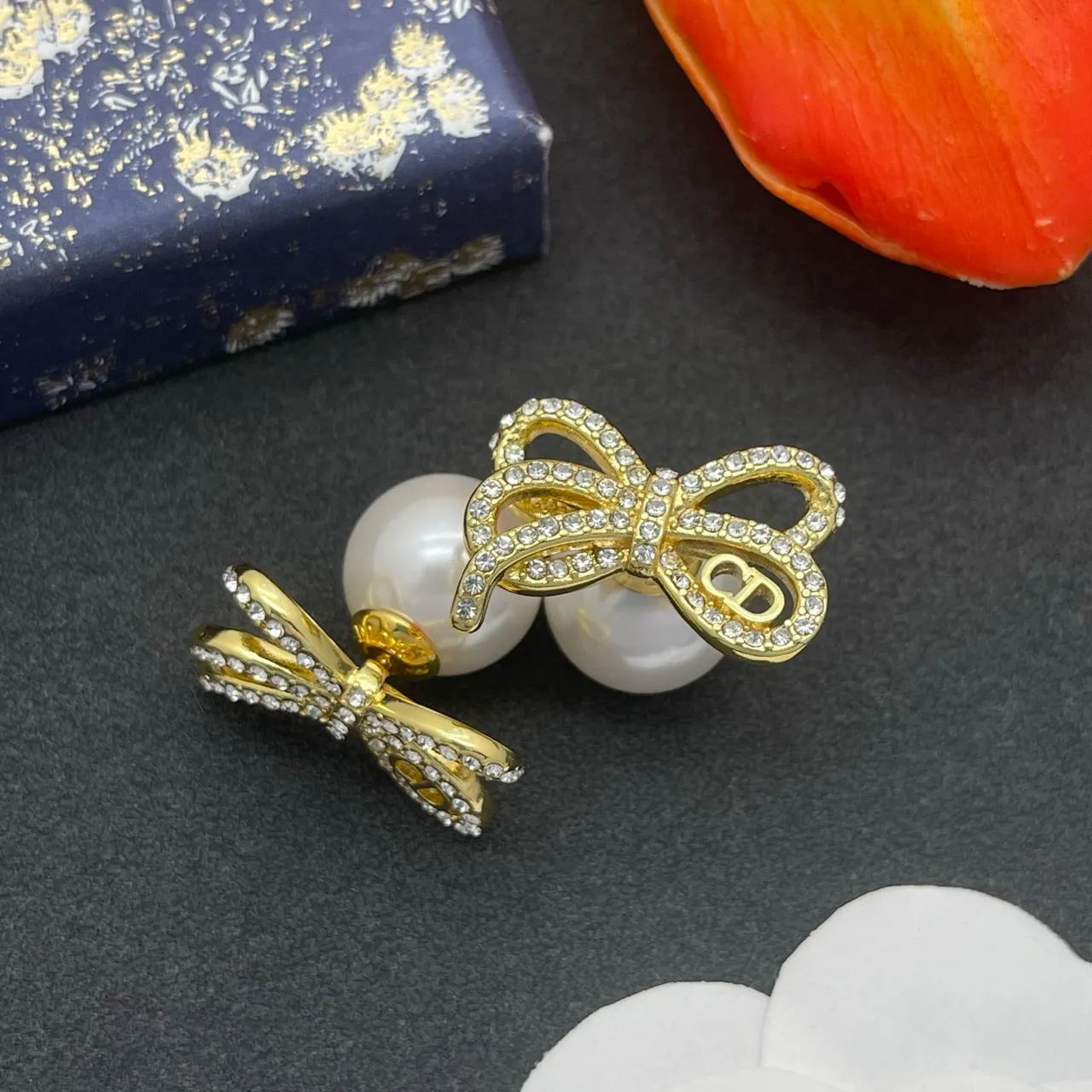 Dior Gold White Bow Pave Crystal Earrings 7