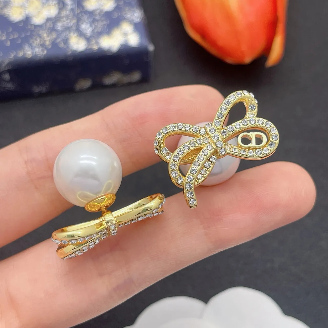 Dior Gold White Bow Pave Crystal Earrings 8