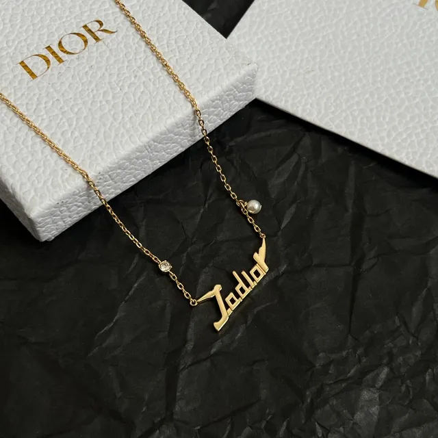 Dior Gold White Chain Nameplate Pendant Necklace 6