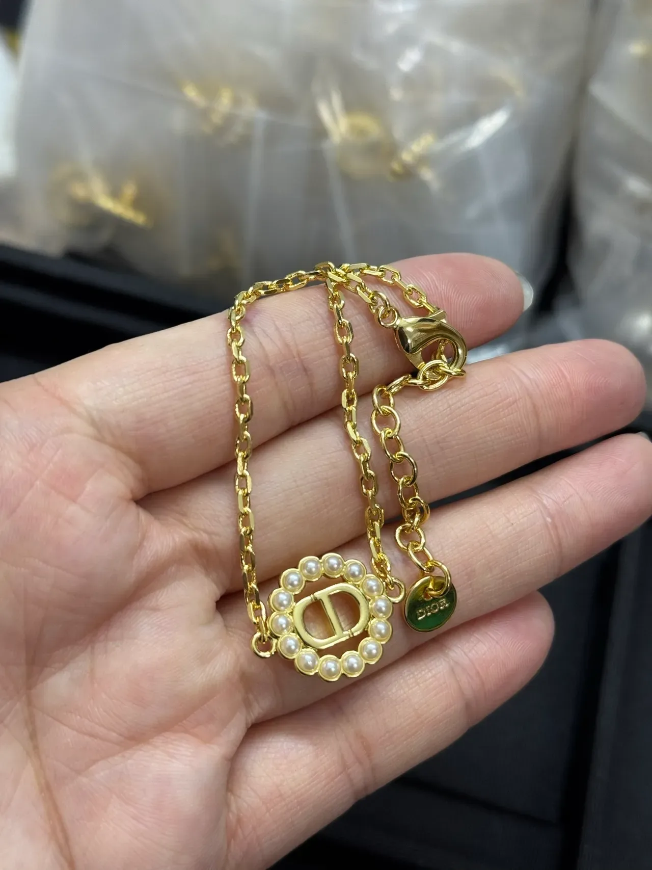 Dior Gold White Chain Pearl-Encircled CD Logo Bracelet 3
