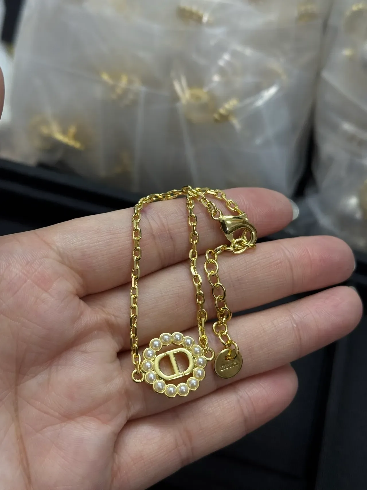 Dior Gold White Chain Pearl-Encircled CD Logo Bracelet 4
