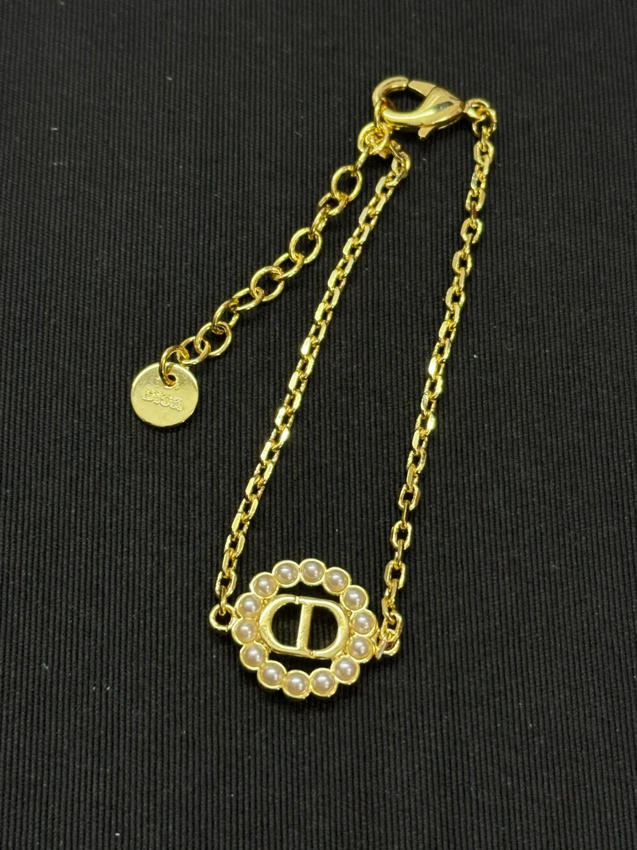 Dior Gold White Chain Pearl-Encircled CD Logo Bracelet 5