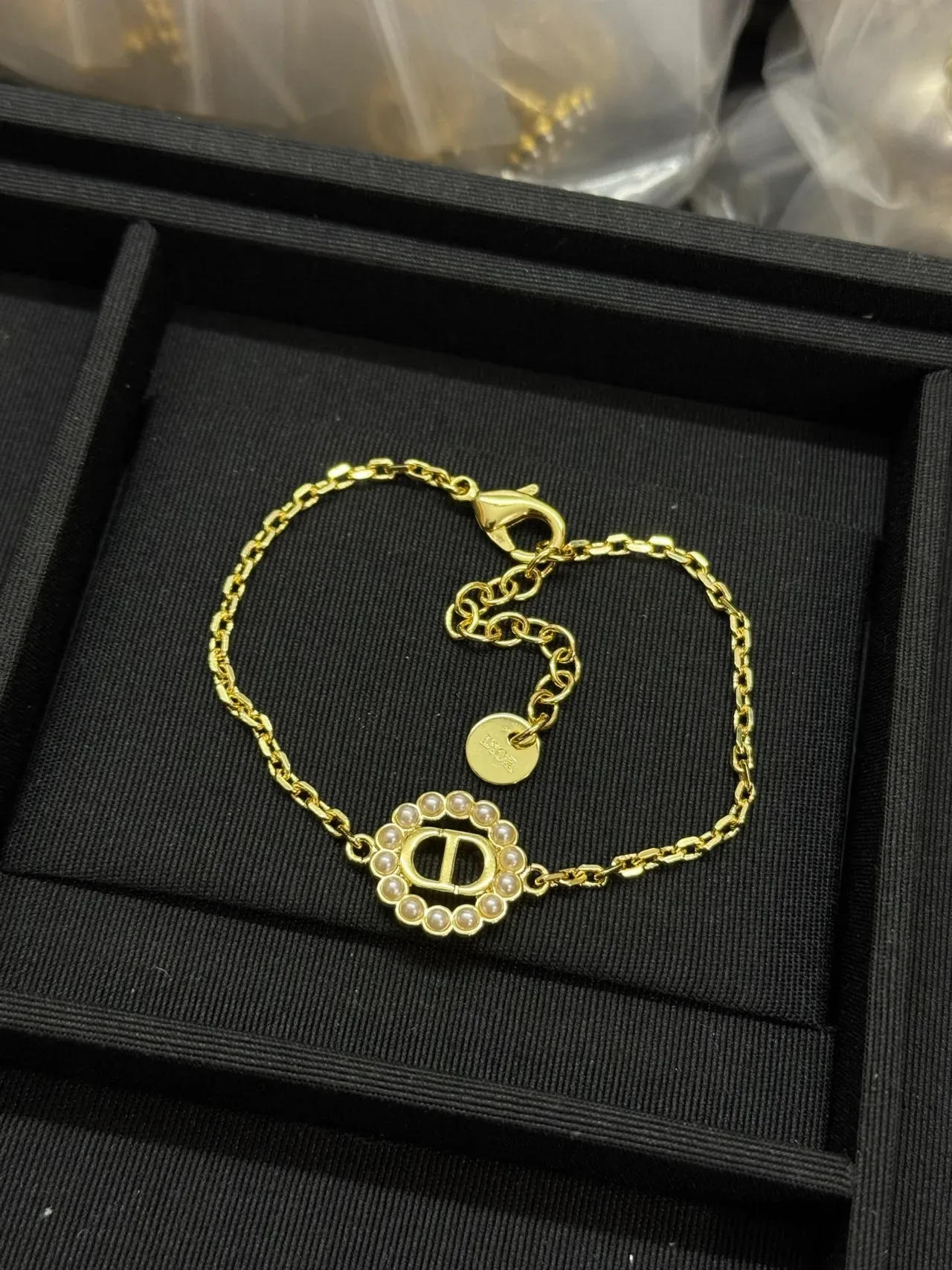 Dior Gold White Chain Pearl-Encircled CD Logo Bracelet 6