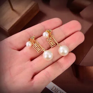 Dior Gold White Logo Bar Double-Pearl Drop Earrings