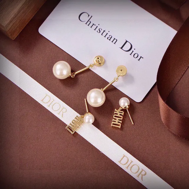 Dior Gold White Logo Bar Double-Pearl Drop Earrings 3