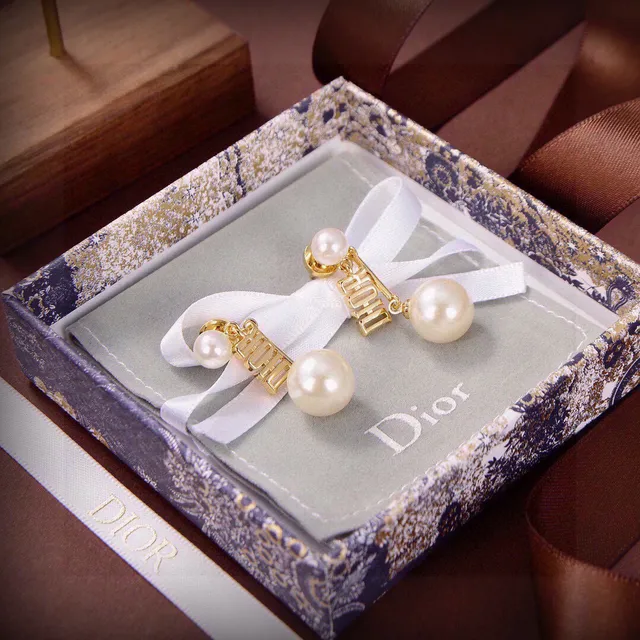 Dior Gold White Logo Bar Double-Pearl Drop Earrings 4
