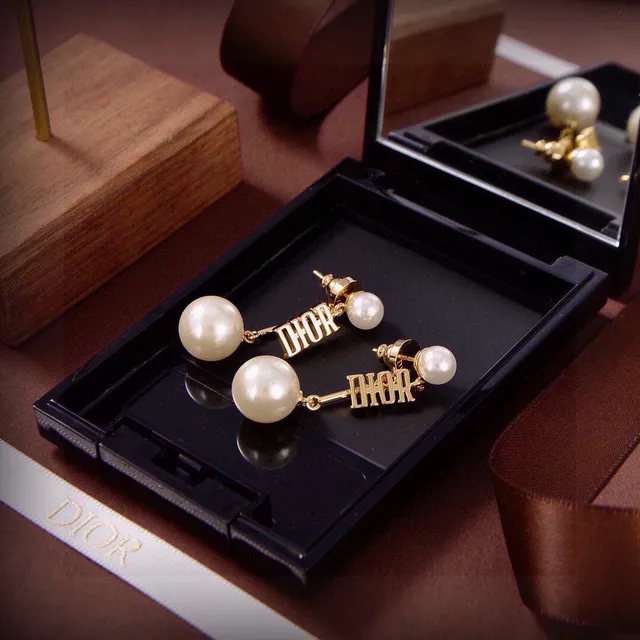 Dior Gold White Logo Bar Double-Pearl Drop Earrings 5