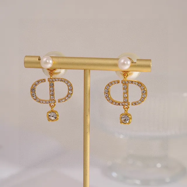 Dior Gold White Metal Pearl Stud Earrings 2