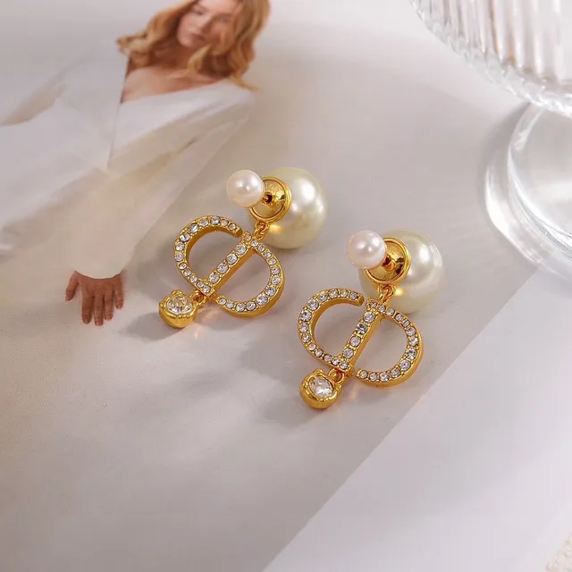 Dior Gold White Metal Pearl Stud Earrings 5