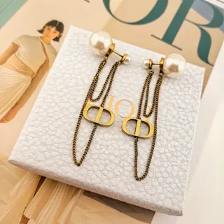 Dior Boucles d'Oreilles Perles Doré Blanc Chaîne Double Goutte