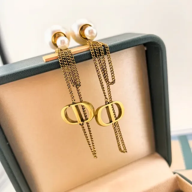 Dior Gold White Pearl-Stud Double-Chain Drop Earrings 2