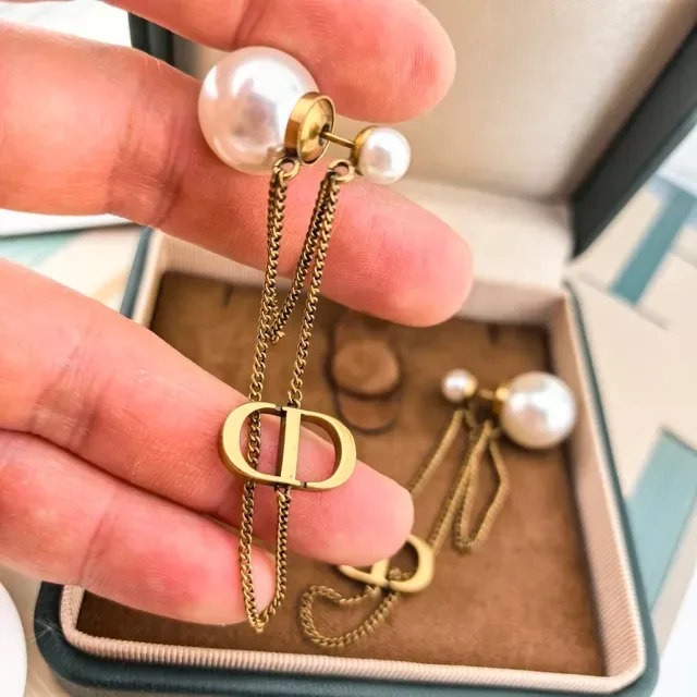 Dior Gold White Pearl-Stud Double-Chain Drop Earrings 3