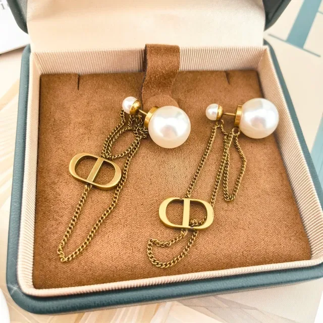 Dior Gold White Pearl-Stud Double-Chain Drop Earrings 4