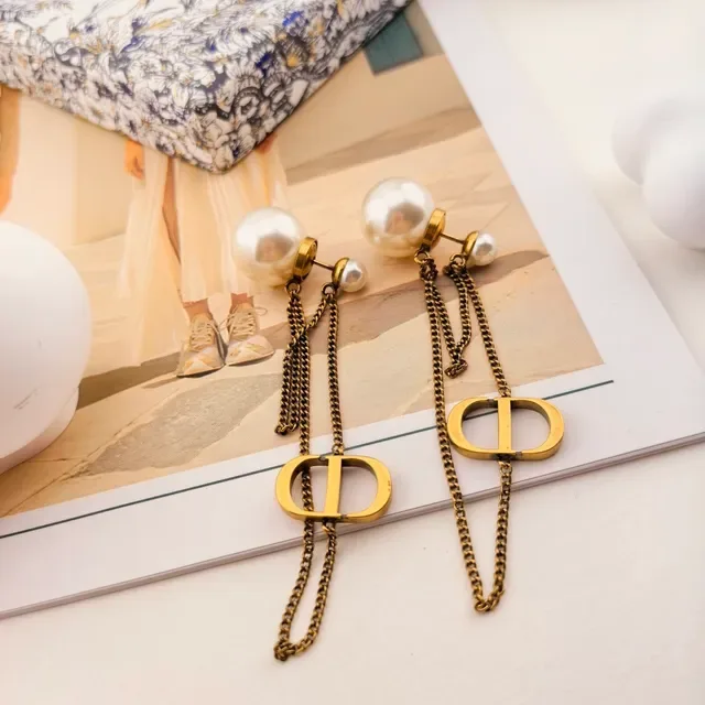 Dior Gold White Pearl-Stud Double-Chain Drop Earrings 5