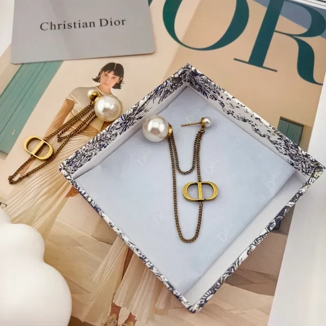 Dior Gold White Pearl-Stud Double-Chain Drop Earrings 6