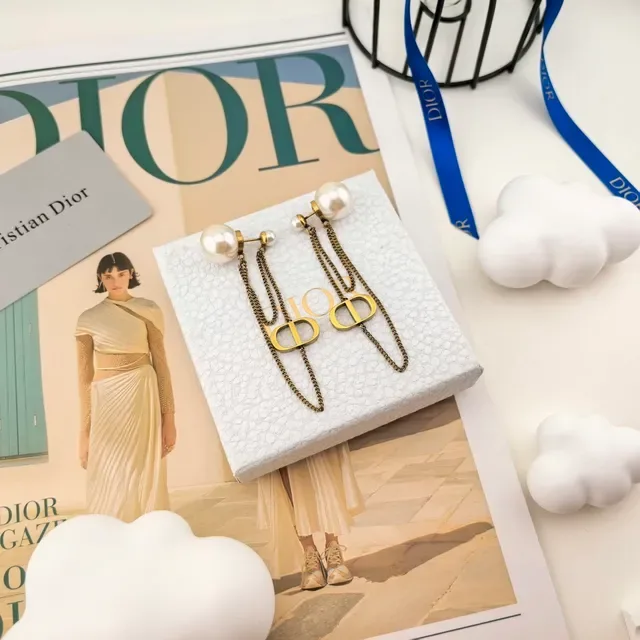 Dior Gold White Pearl-Stud Double-Chain Drop Earrings 7