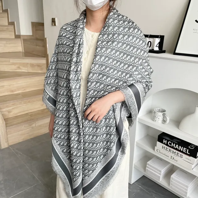 Dior Gray and Cream Geometric Jacquard Fringed Shawl 2