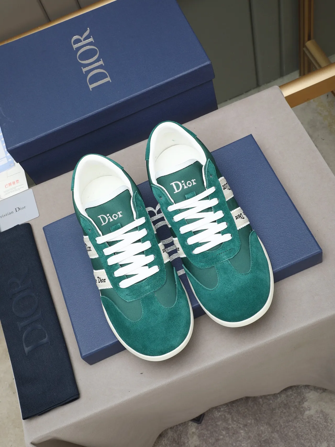 Dior Green White Suede Upper Dual Branded Side Stripes Lifestyle Sneakers 2